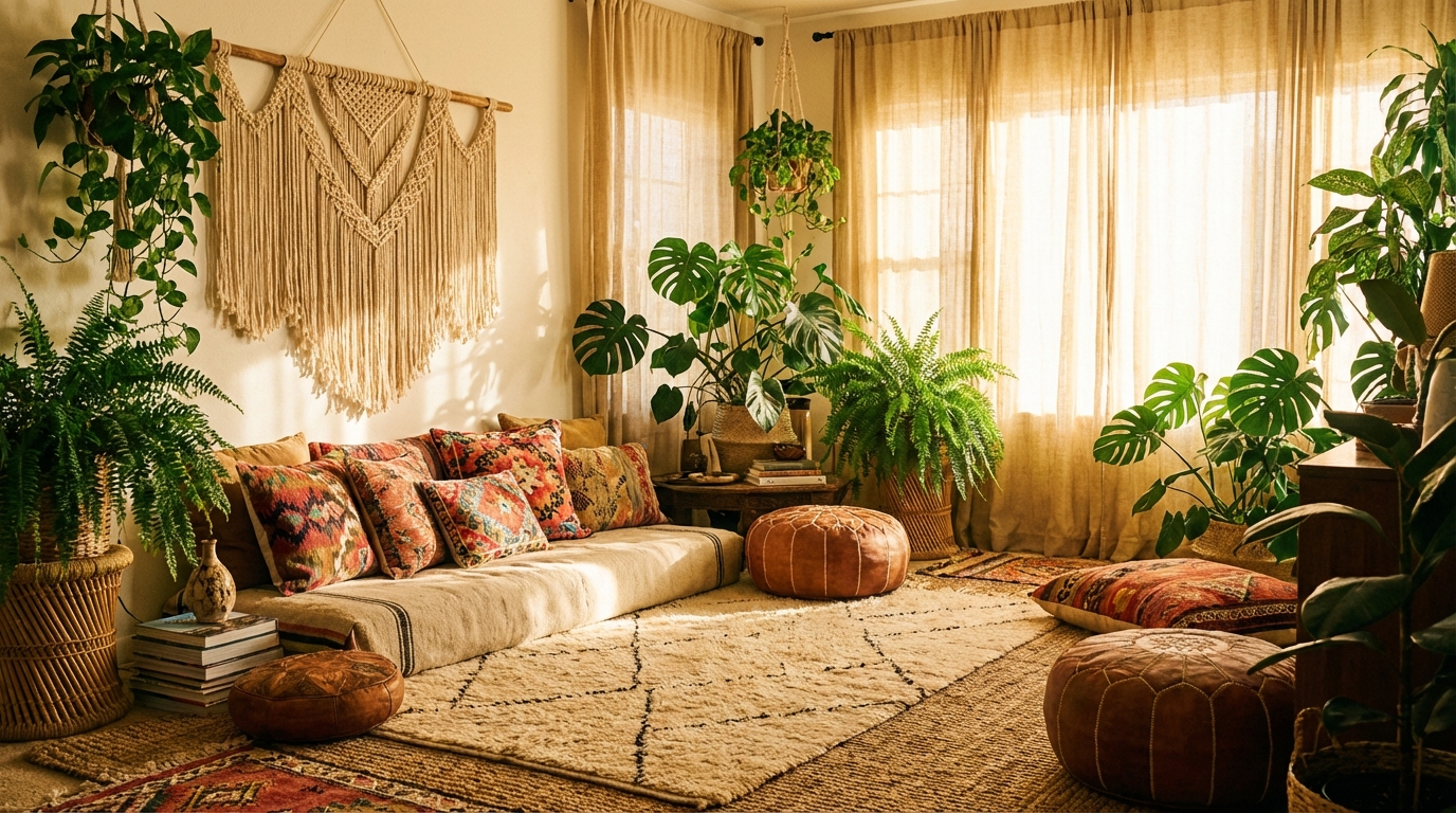 Bohemian living room with layered textiles, hanging plants, and warm terracotta tones