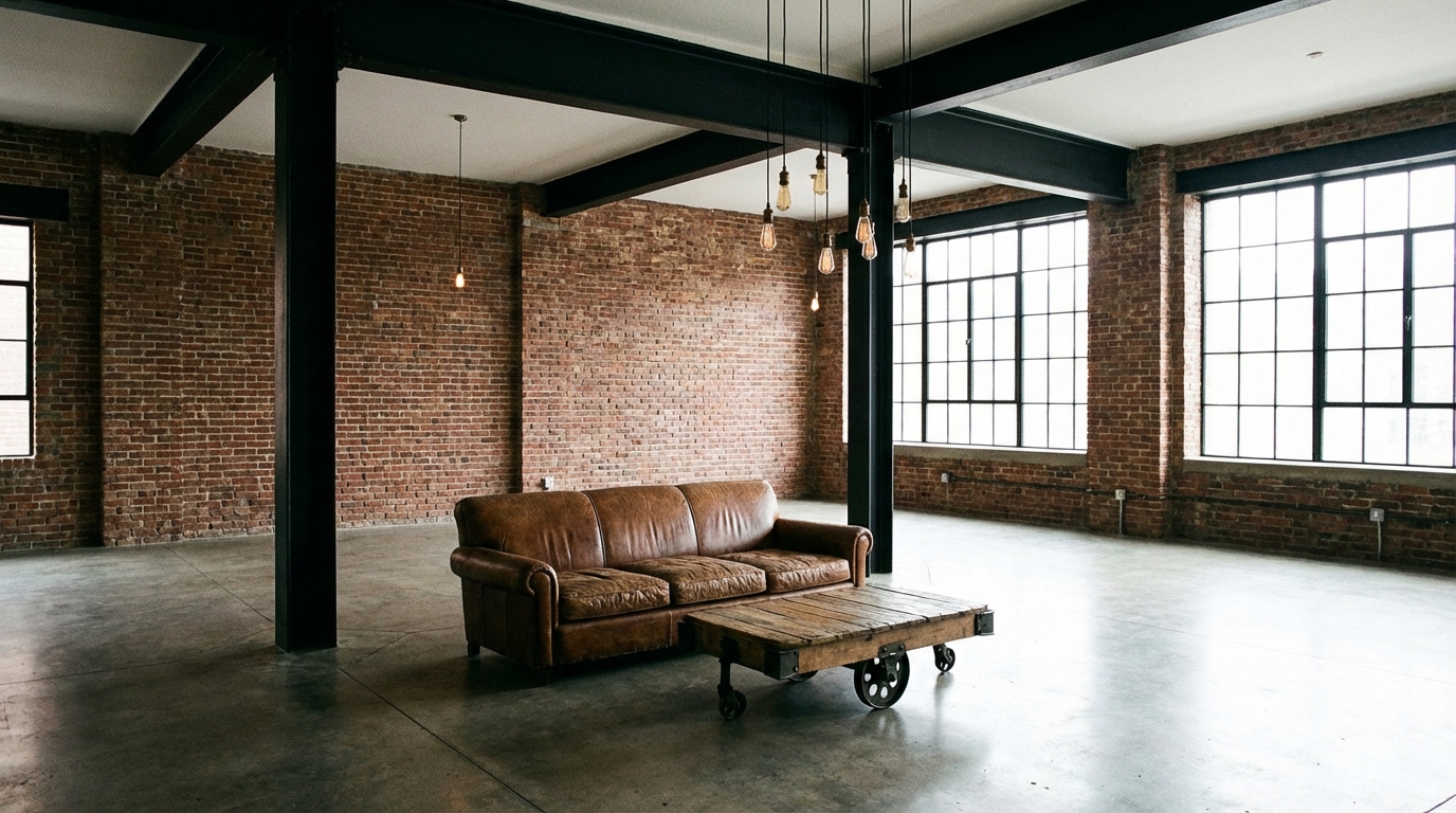 Industrial loft living room with exposed brick walls, steel beams, and Edison bulb pendant lighting