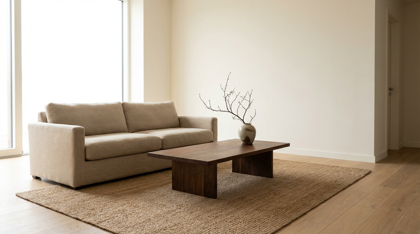 Japandi living room with walnut furniture, washed linen textiles, and soft natural light