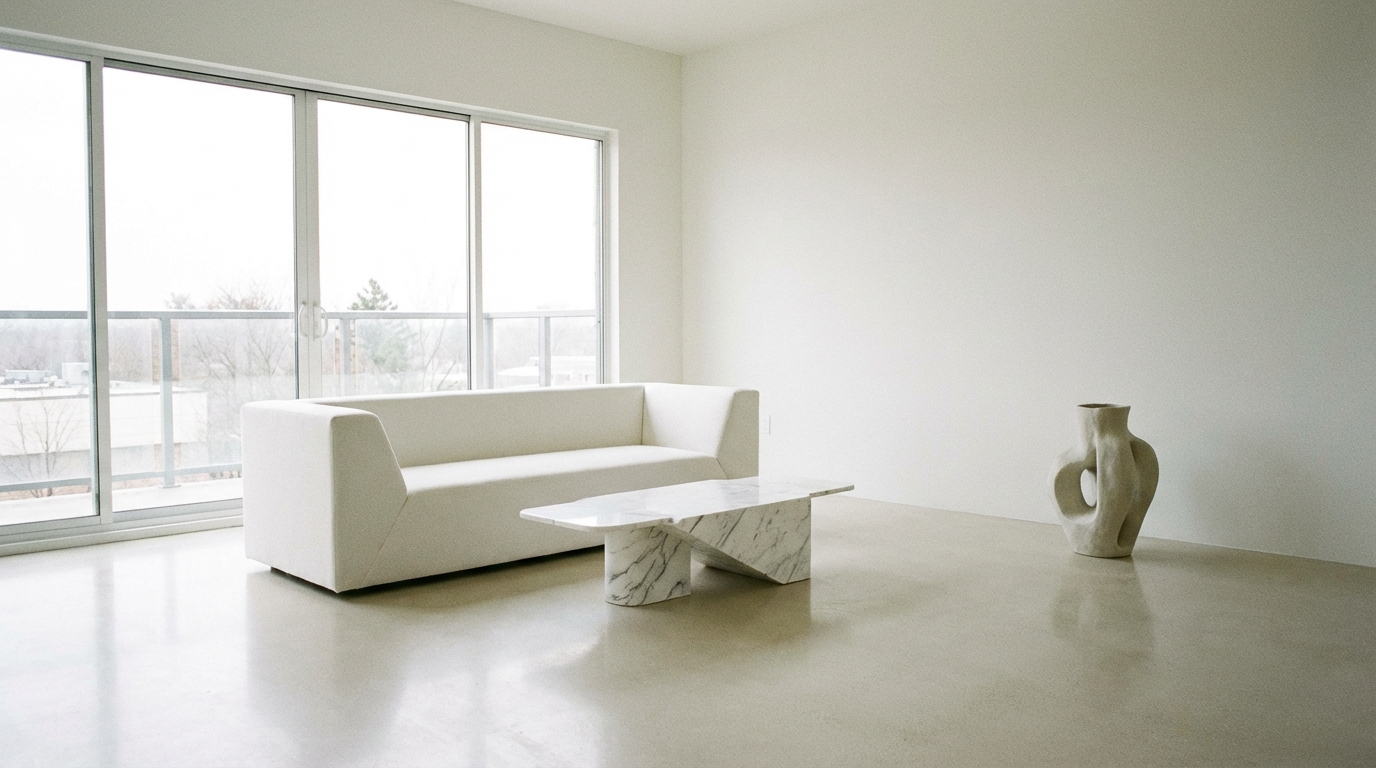 Minimalist living room with clean lines, natural light, and intentional furniture placement
