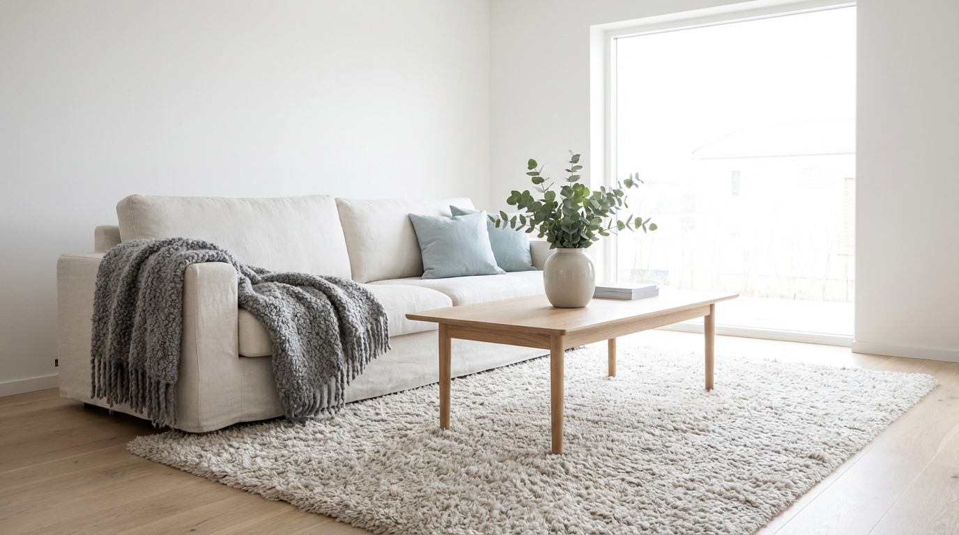 Scandinavian living room with white walls, light oak floors, linen sofa, and warm ambient lighting